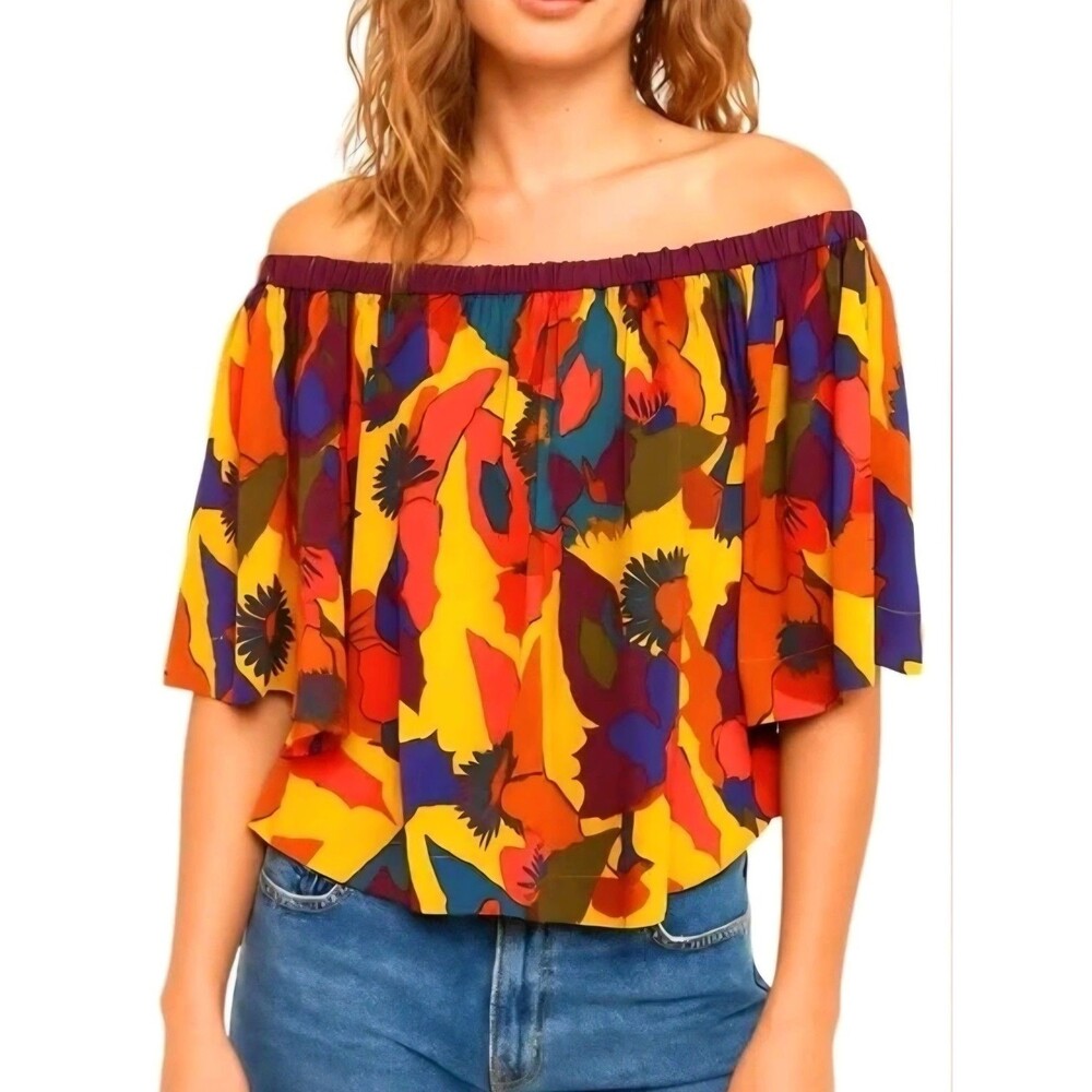 Free People Rockin' Rochelle Top Womens Large Boho Off Shoulder Silky Festival